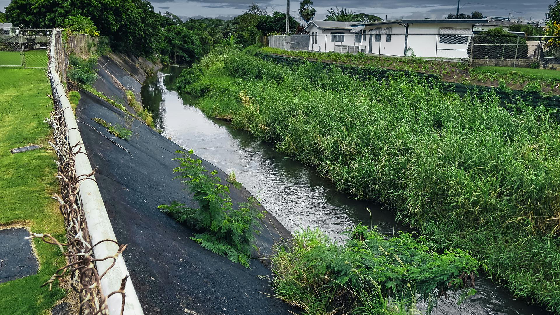 Innovative stabilization of Kaneohe Stream in Hawaii using PROPEX Pyrawall for property protection and long-term flood mitigation.