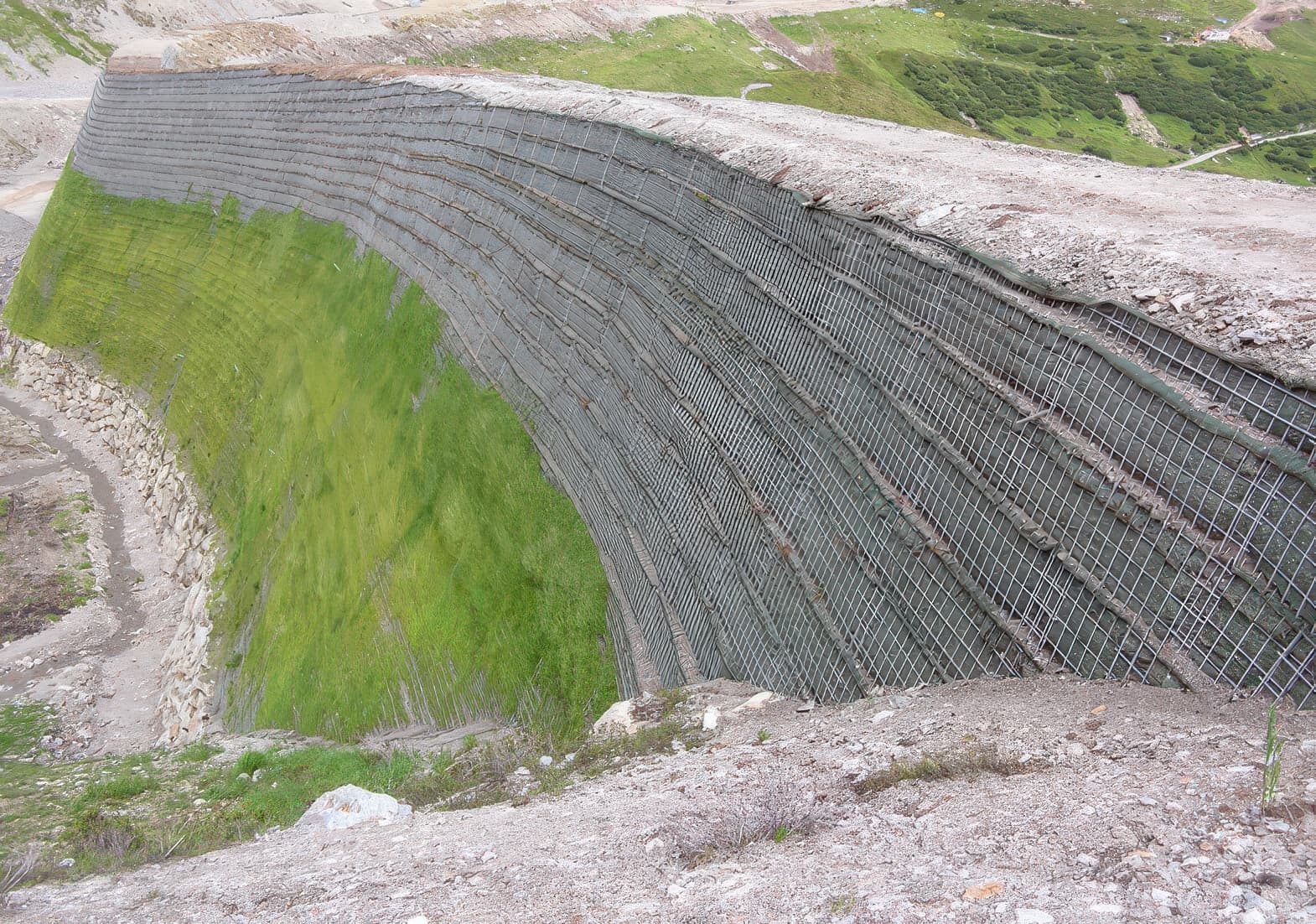 Wire mesh facing with vegetation on the lower section