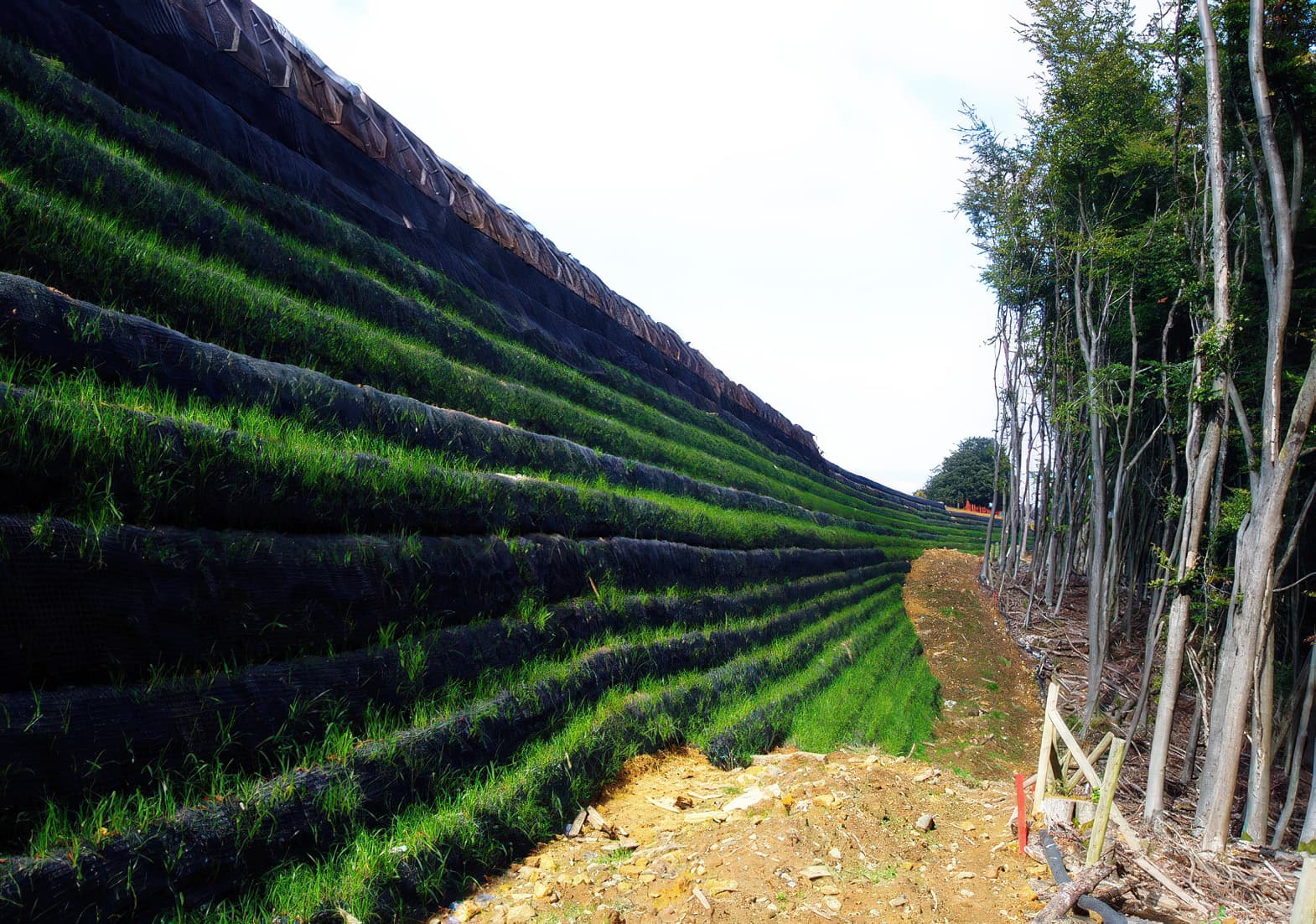 One of the steep reinforced slopes nearing completion