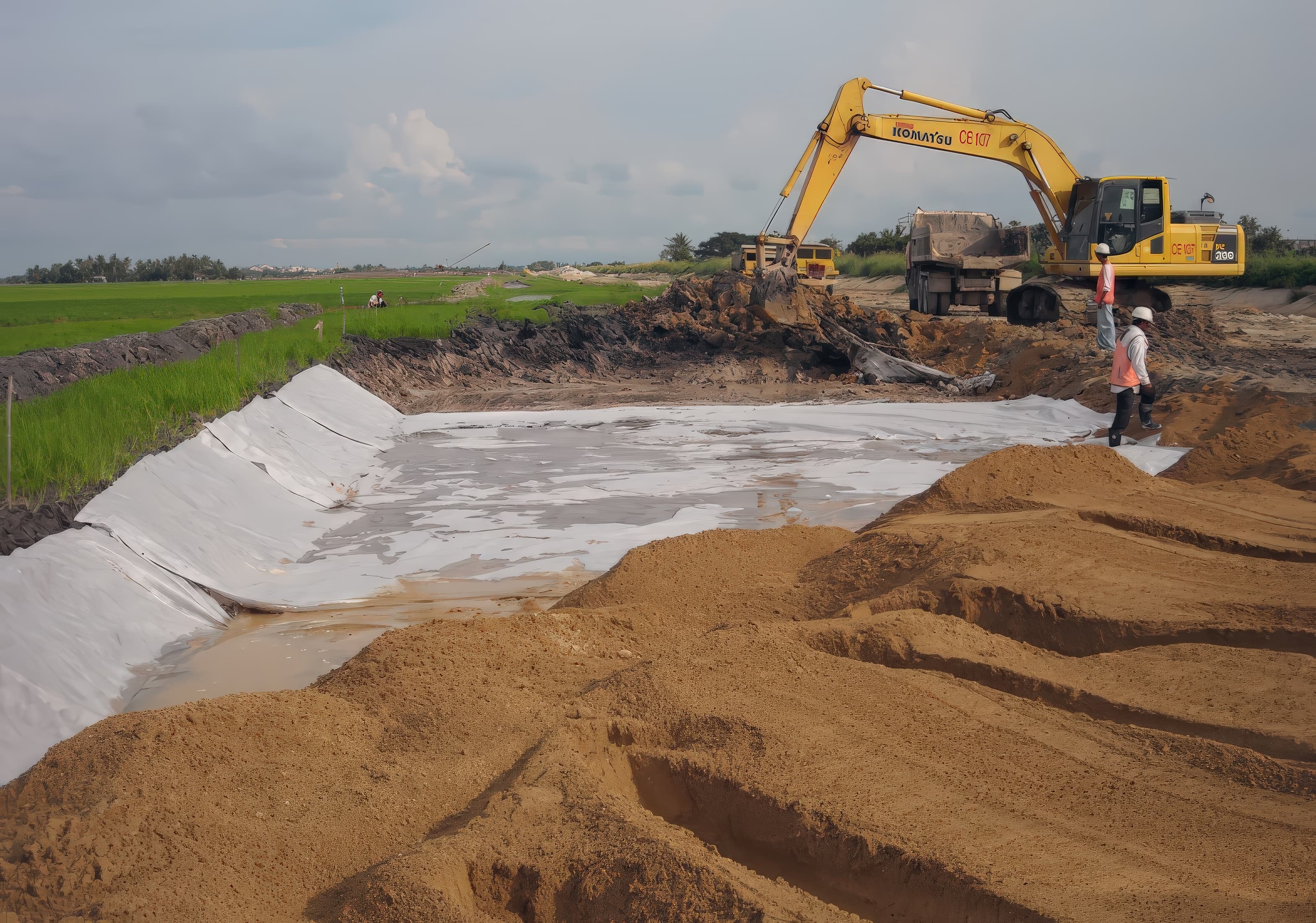 Placing MIRAFI Polyfelt TS geotextile separator across the soft foundation