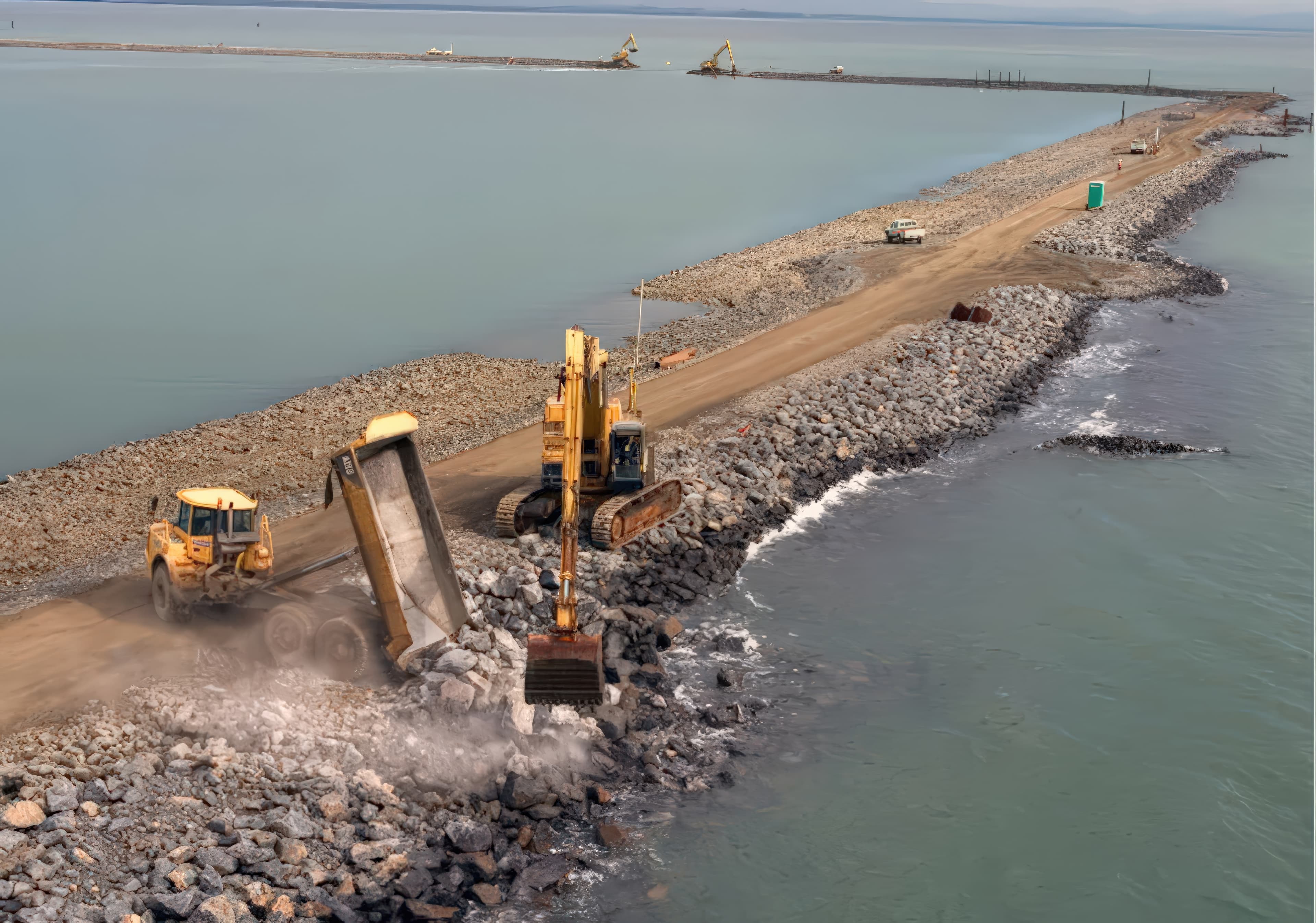 Large geotextile panels were sewn offsite, deployed from a modified barge, guided into position by divers, weighted with ballast, and immediately covered with sand fill in a single continuous operation.