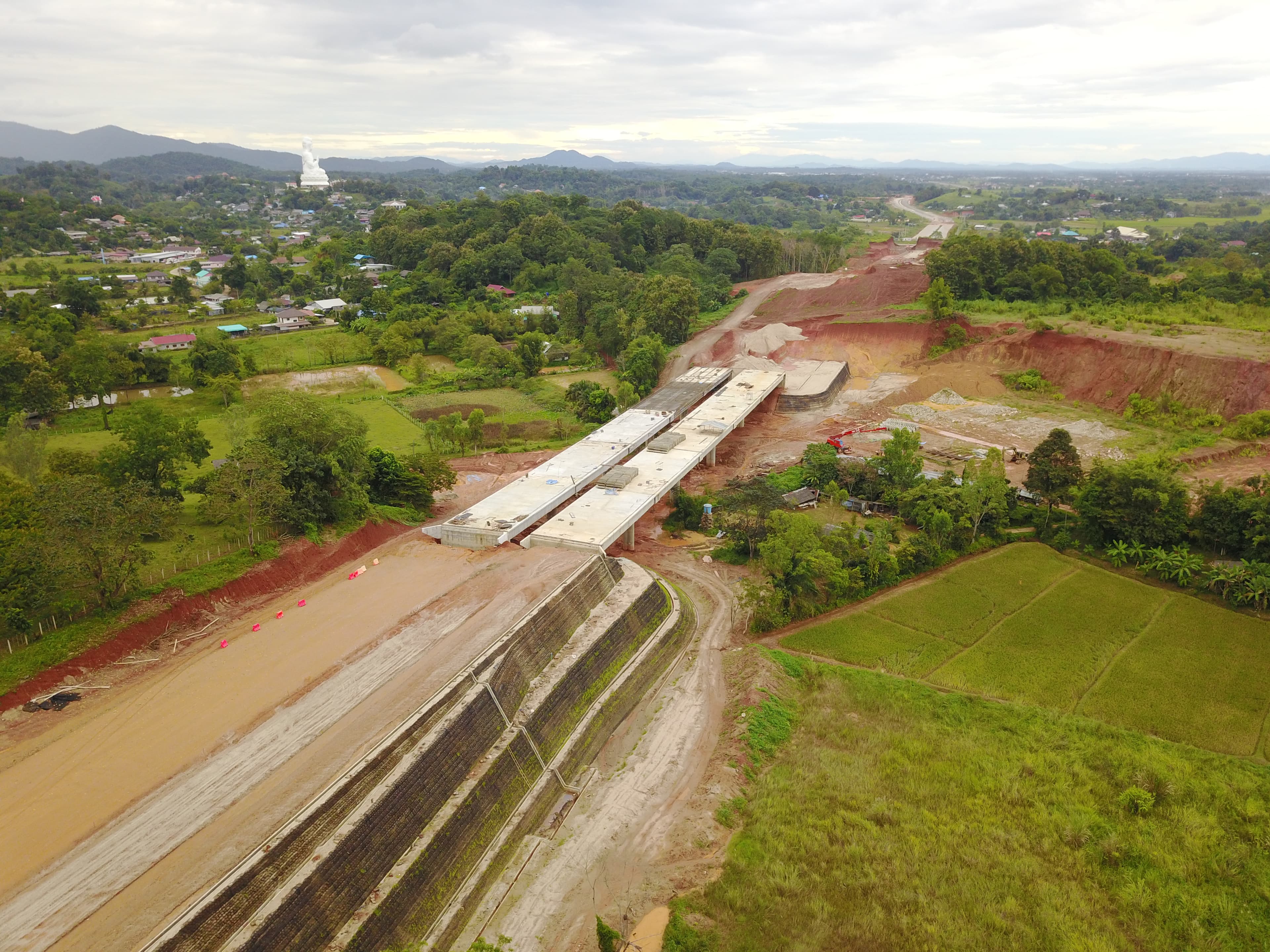 Aerial view of 3-tier steep retaining wall - Chiang Rai Bypass Road, Thailand