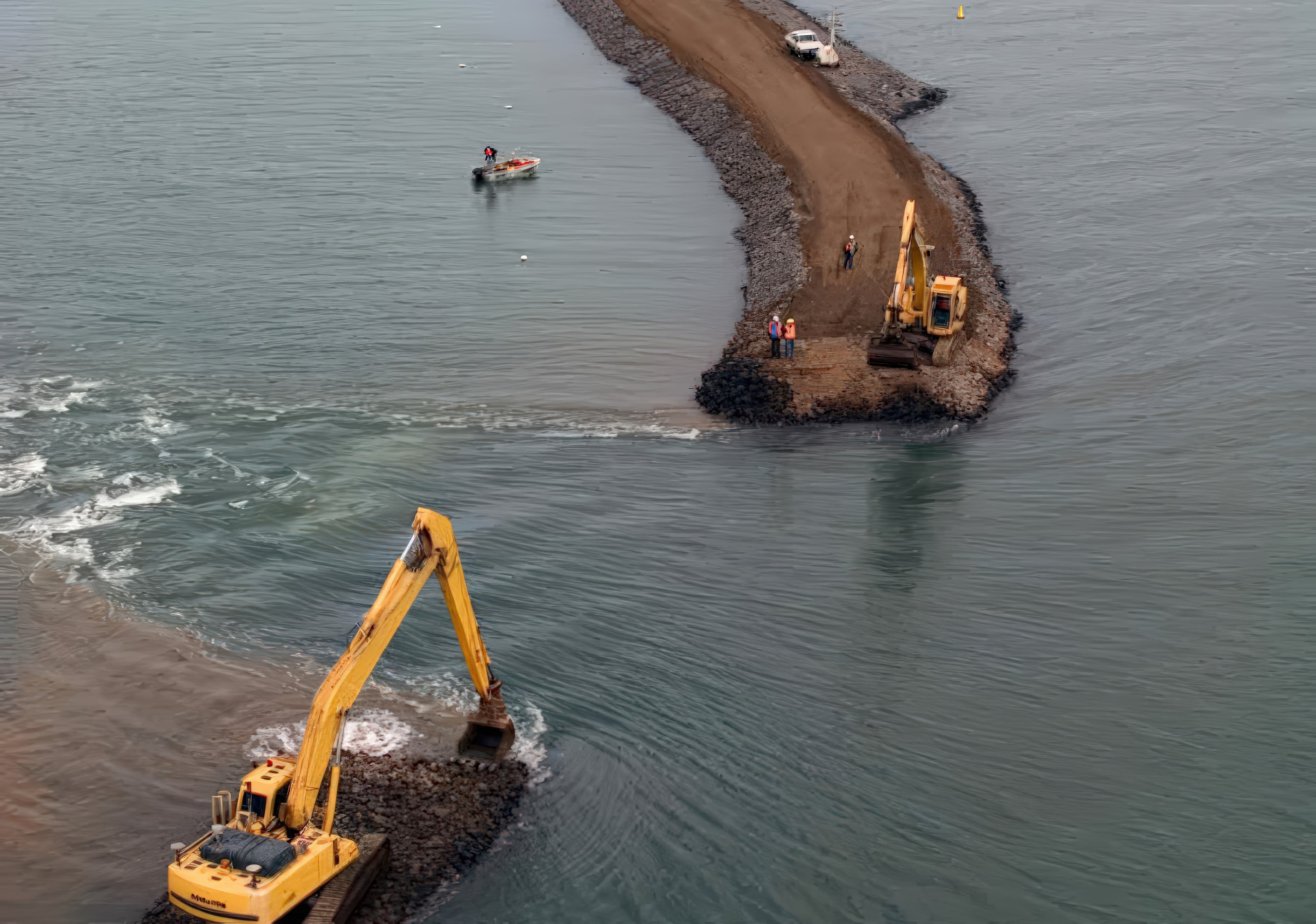 In shallow areas the geotextile was placed directly beneath the rock dyke, while in deeper water it was installed under a wide sand embankment before being topped with rock fill.