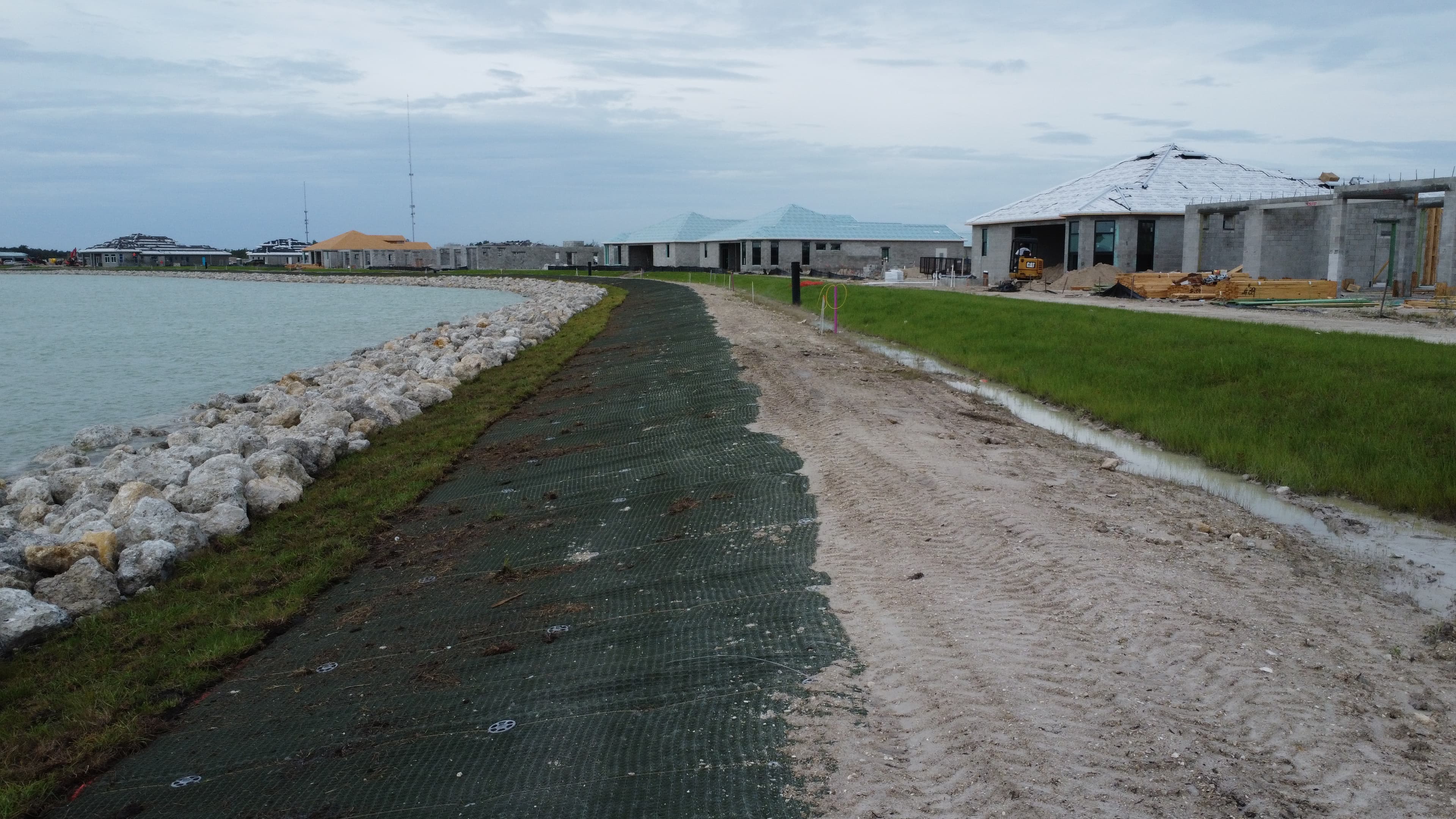 The PROPEX Armormax, sod, and riprap layout during final stages of project.