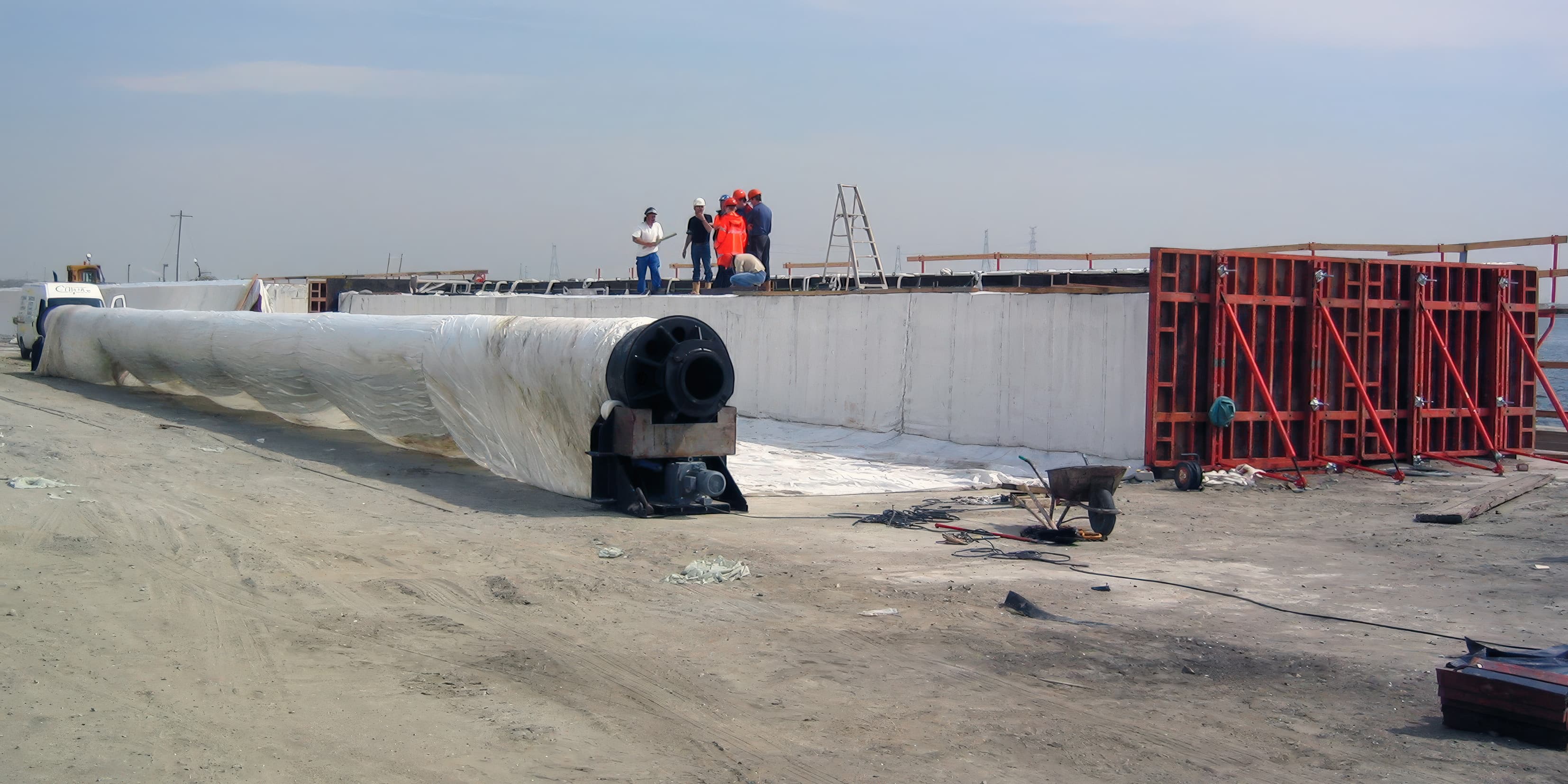 A 27 m containment dam was constructed across an old dock using staged sand fill, deep soil mixing, and geotextile reinforcement to stabilize very soft sediments.