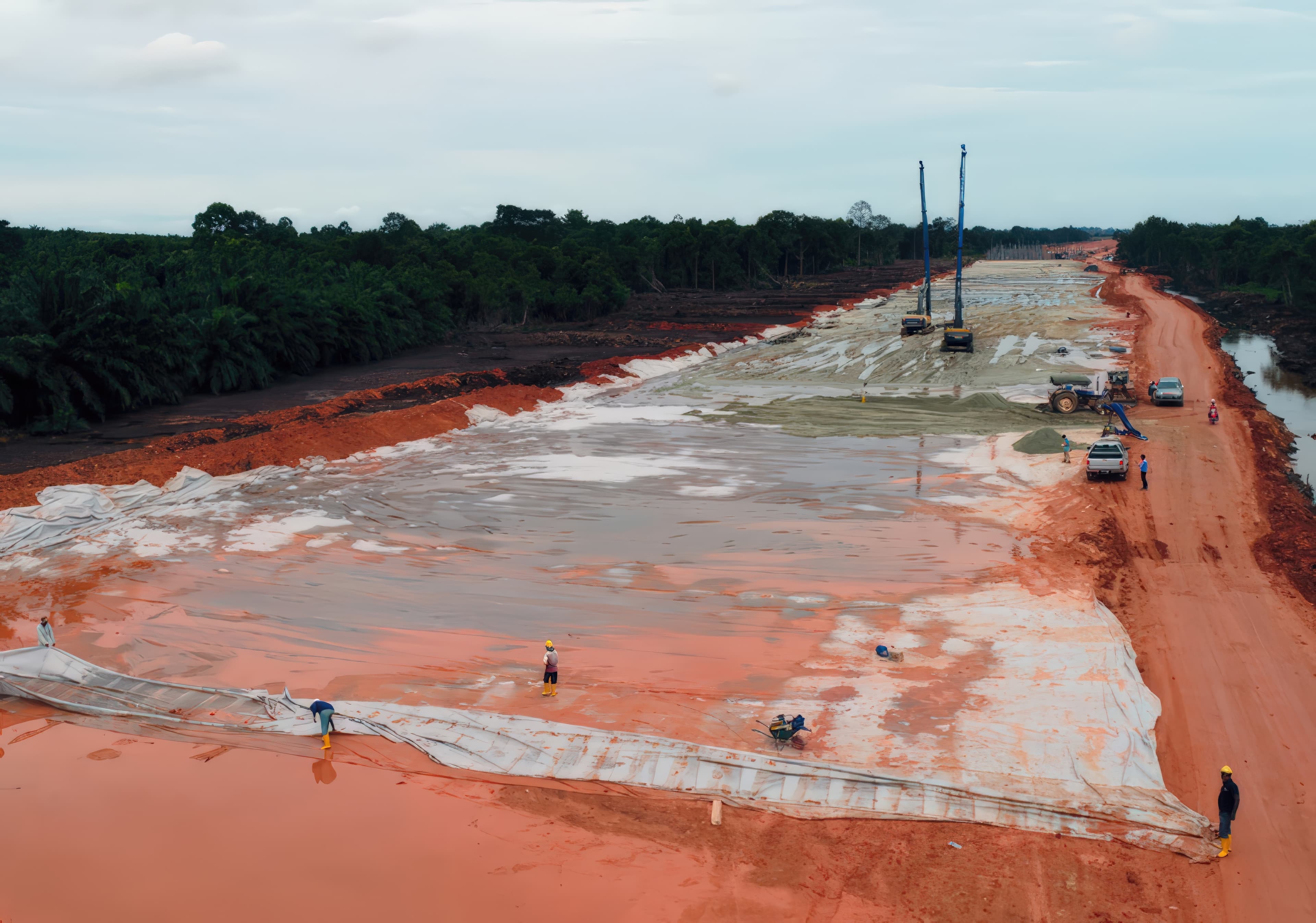 Engineered fill was placed and compacted in lifts, with 0.5 m of fill required between multiple reinforcement layers, and surcharging added where needed before final pavement construction.