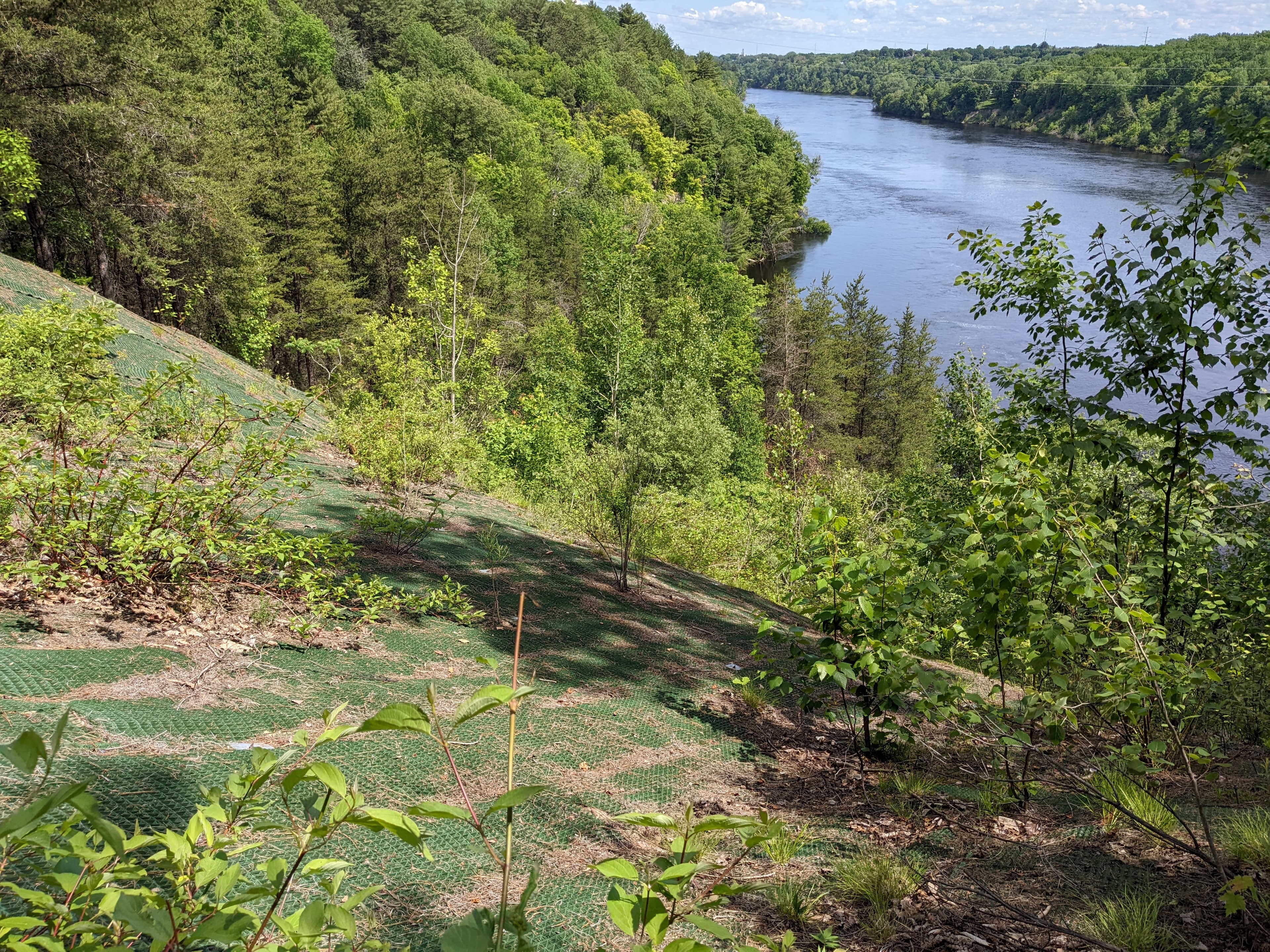Le système léger PROPEXMD ArmormaxMD a été installé par des travailleurs harnachés aux pentes abruptes, stabilisant ainsi le terrain à l'aide de la membrane de renforcement en gazon synthétique à haute performance PROPEX PyramatMD 75 et des ancrages de solMC B2.