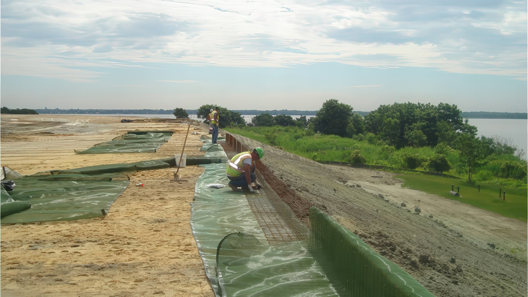 Installation workers securing L-shape forms with a layer of MIRAGRID® Miramesh® GR.