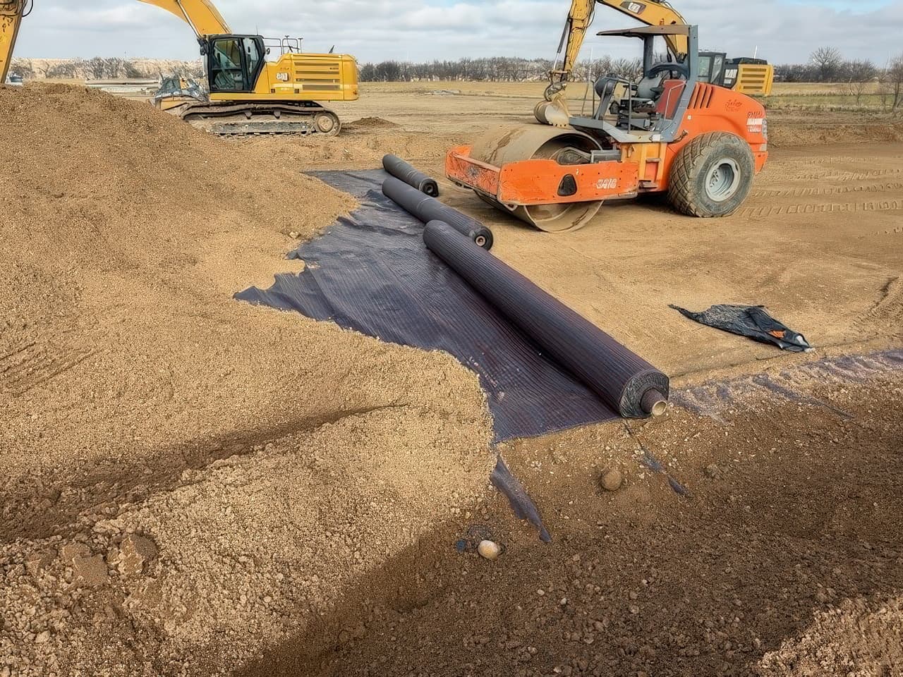 Placement of MIRAFI® RS580i geotextile reinforcement layer, enhancing load distribution and reducing aggregate thickness requirements by more than 35 percent.