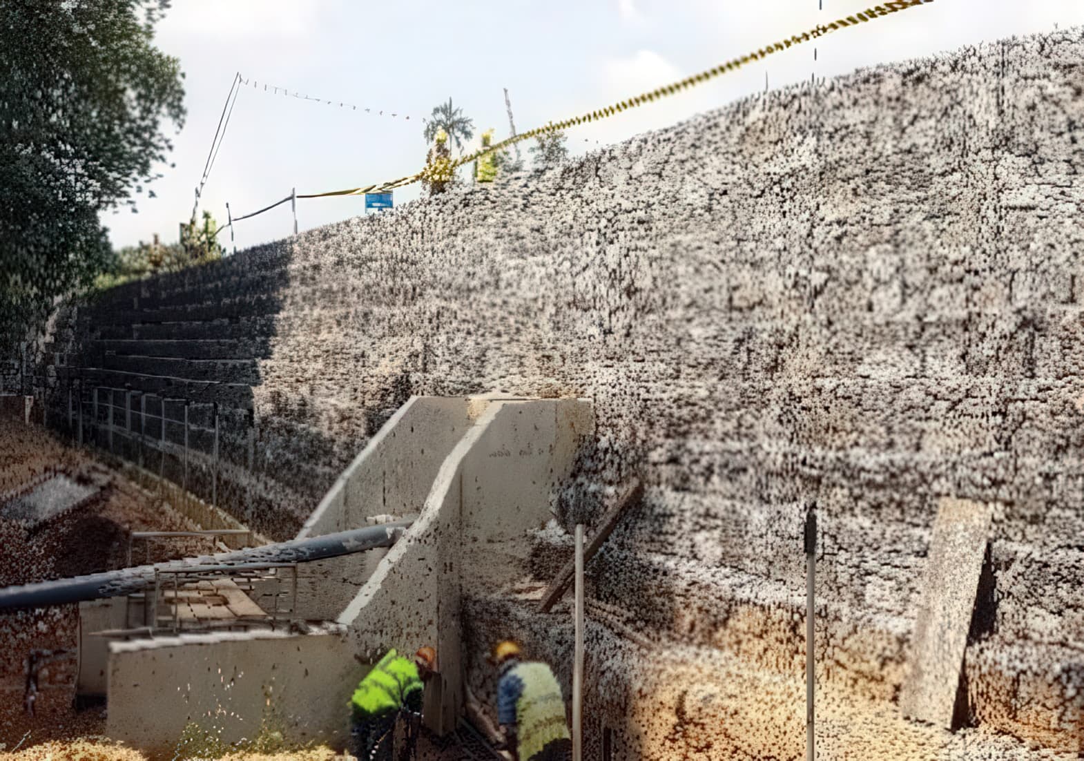 Gabion faced reinforced slope partially completed